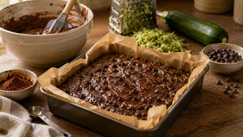 Chocolate zucchini brownie batter with shredded zucchini and chocolate chips in a baking pan before baking.