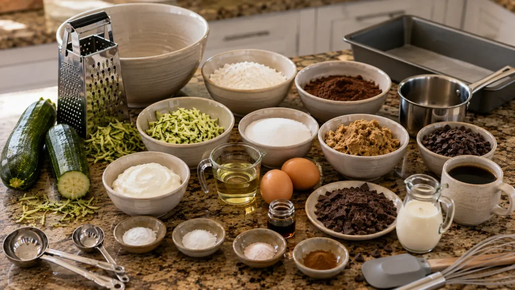Zucchini, cocoa powder, flour, sugars, eggs, chocolate, yogurt, oil, coffee, and cream for chocolate zucchini cake.