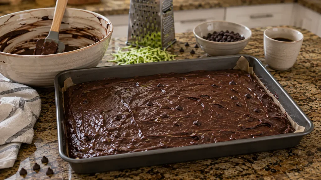 Raw chocolate zucchini cake batter with shredded zucchini and chocolate chips in a baking pan before baking.