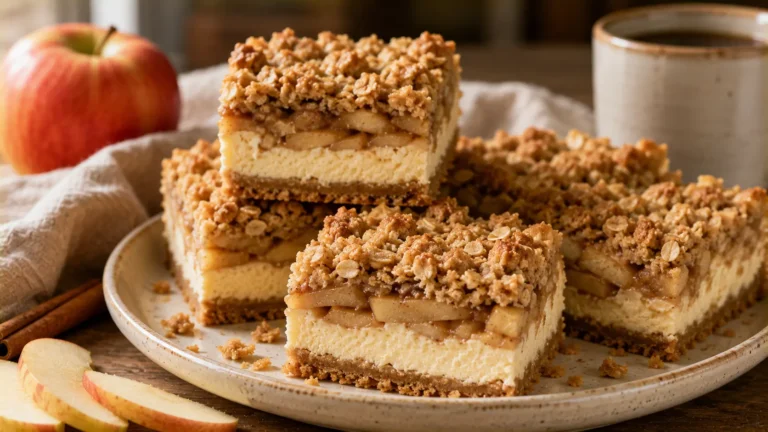 Cinnamon apple cheesecake bars with creamy cheesecake, spiced apples, graham cracker crust and golden oat crumble.
