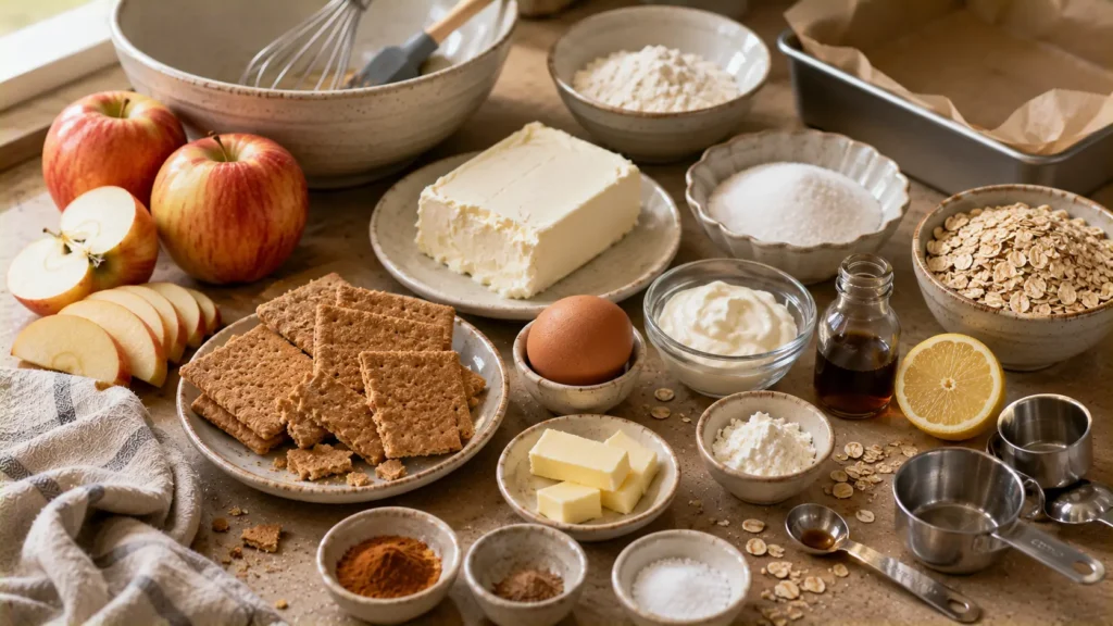 Ingredients for cinnamon apple cheesecake bars including apples, cream cheese, graham crackers, oats, butter and cinnamon.