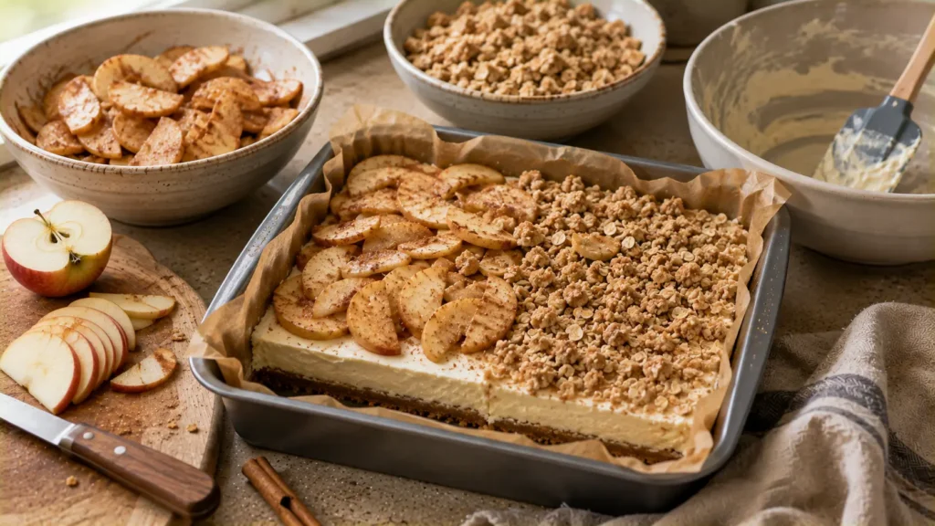 Ingredients for cinnamon apple cheesecake bars including apples, cream cheese, graham crackers, oats, butter and cinnamon.