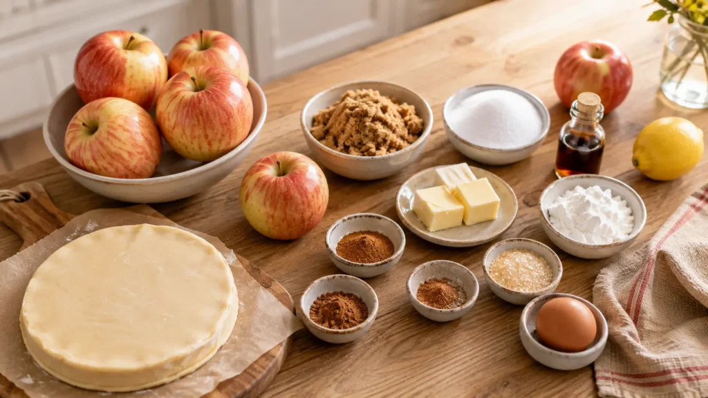 Ingredients for making a Cinnamon Apple Galette arranged neatly on a wooden countertop.