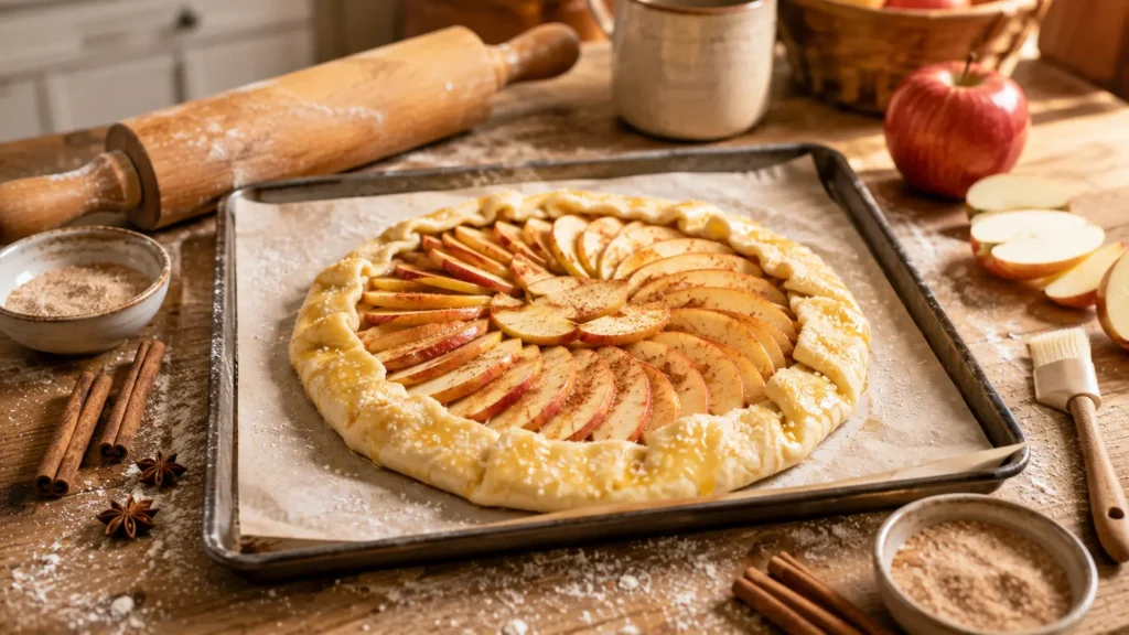 Preparing a rustic Cinnamon Apple Galette with sliced apples arranged on pie dough.