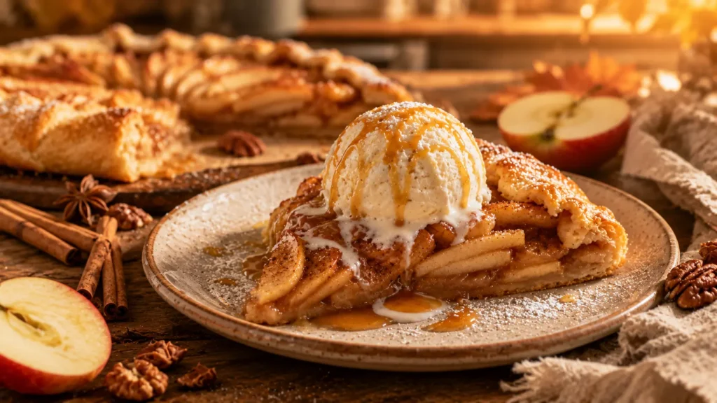 A warm slice of Cinnamon Apple Galette served with vanilla ice cream and caramel sauce.