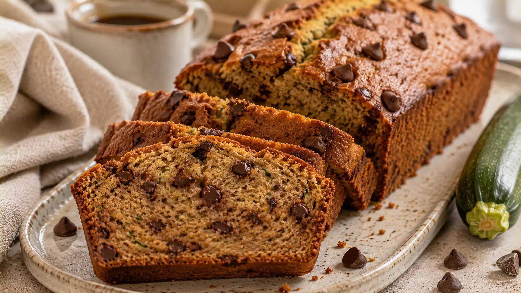 Moist cinnamon chocolate chip zucchini bread sliced to show shredded zucchini, chocolate chips and a tender crumb.