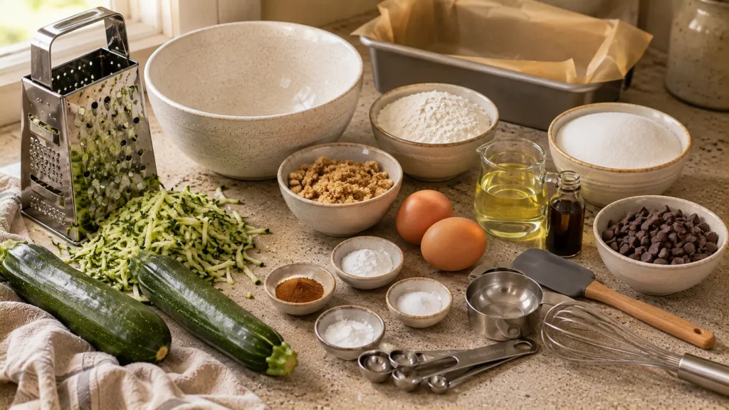 Ingredients for chocolate chip zucchini bread including fresh zucchini, flour, eggs, brown sugar, cinnamon and chocolate chips.