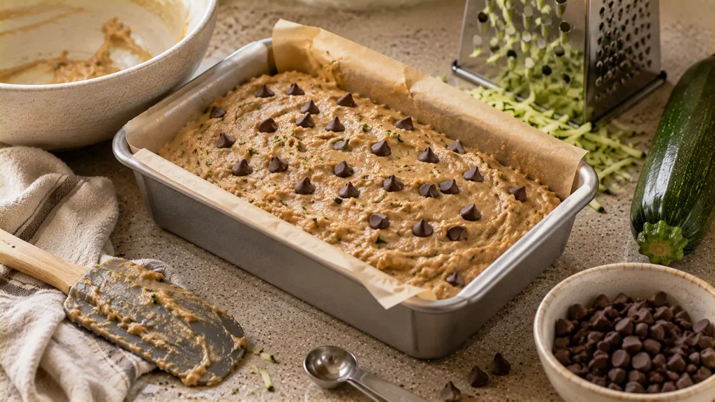 Chocolate chip zucchini bread batter with shredded zucchini in a loaf pan before baking.