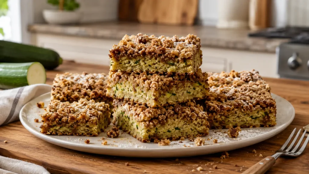 Homemade cinnamon zucchini crumb bars with moist zucchini centers and buttery brown sugar cinnamon crumble topping.V
