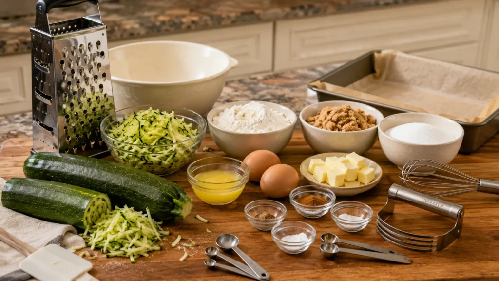 Fresh zucchini, flour, brown sugar, butter, eggs, cinnamon, vanilla, and baking ingredients for cinnamon zucchini crumb bars.
