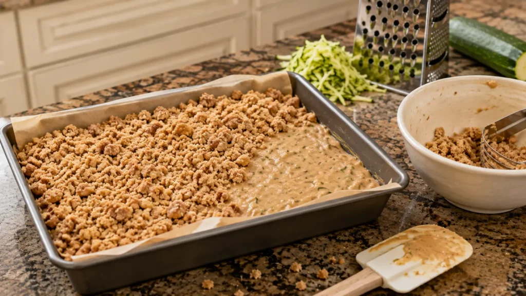 Unbaked cinnamon zucchini bar batter in a parchment-lined pan being covered with buttery cinnamon crumb topping.