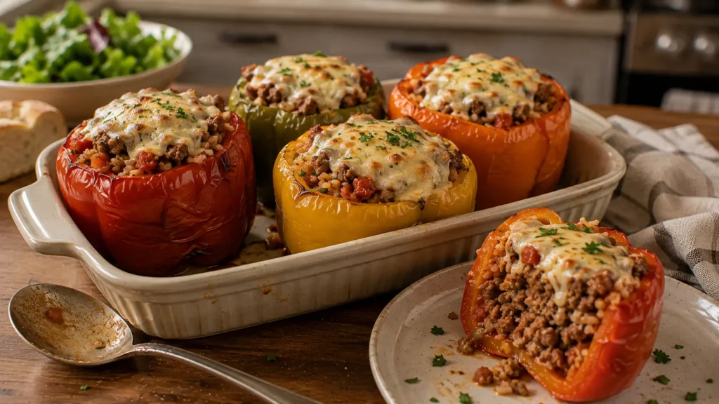 Classic stuffed bell peppers filled with seasoned ground beef, rice, tomatoes, Parmesan, and melted mozzarella.