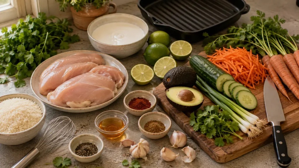 Ingredients for coconut lime grilled chicken bowls including chicken, coconut milk, lime, rice, avocado and vegetables.