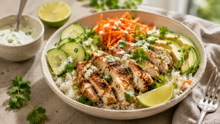 Coconut lime grilled chicken bowl with jasmine rice, avocado, cucumber, carrots and fresh lime.