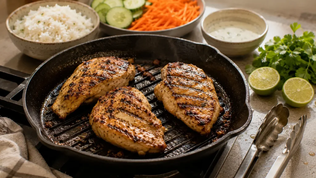 Coconut lime marinated chicken breasts cooking in a grill pan before assembling the rice bowls.