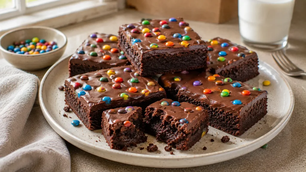 Fudgy copycat Cosmic Brownies topped with chocolate ganache and colorful candy-coated chocolate pieces.