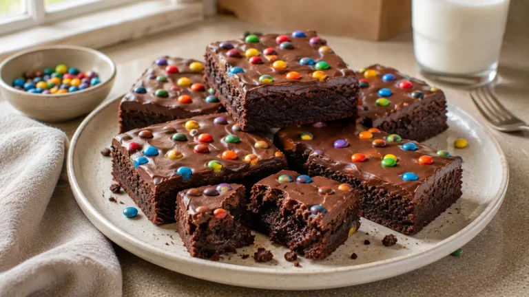 Fudgy copycat Cosmic Brownies topped with chocolate ganache and colorful candy-coated chocolate pieces.