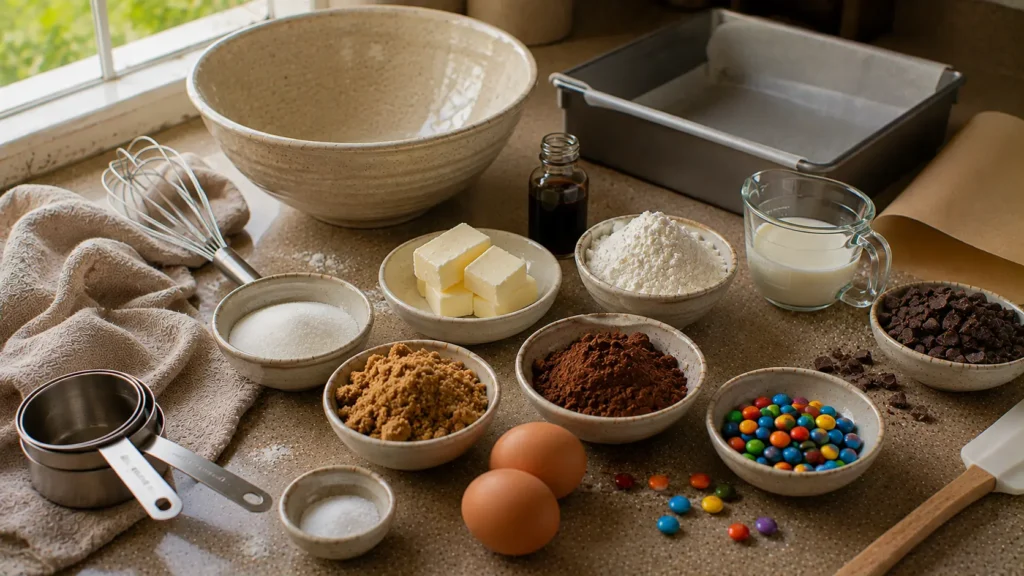 Ingredients for copycat Cosmic Brownies including cocoa, chocolate, butter, eggs, cream and colorful candy pieces.