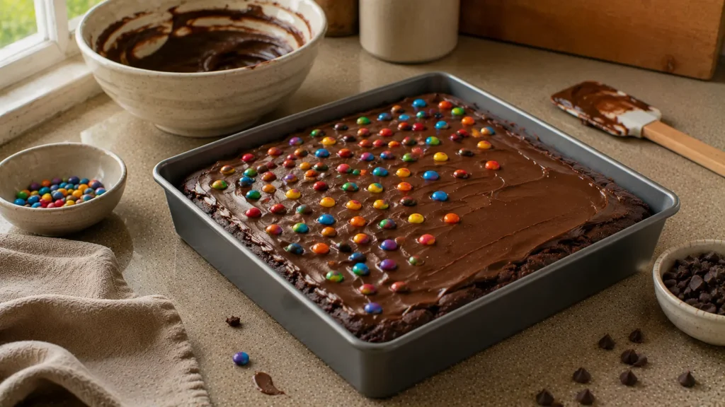 Fudgy brownies topped with fresh chocolate ganache and colorful candy pieces before slicing.