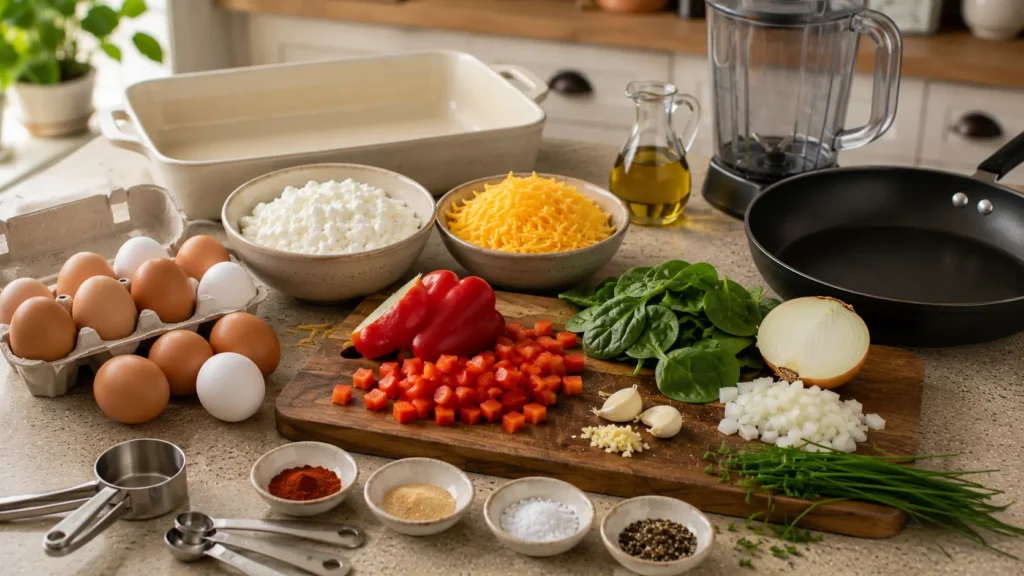 Eggs, cottage cheese, cheddar, spinach, red bell pepper, onion, garlic, chives, and seasonings for a high-protein frittata.