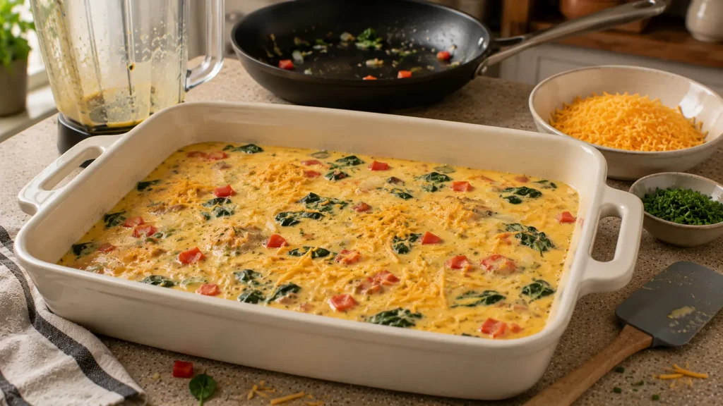 Raw cottage cheese and egg frittata mixture with sautéed spinach, bell pepper, onion, and cheddar in a baking dish before baking.