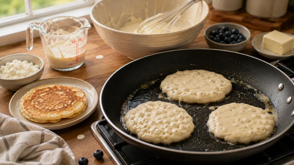 Cottage cheese pancakes cooking in a skillet until fluffy and golden brown.