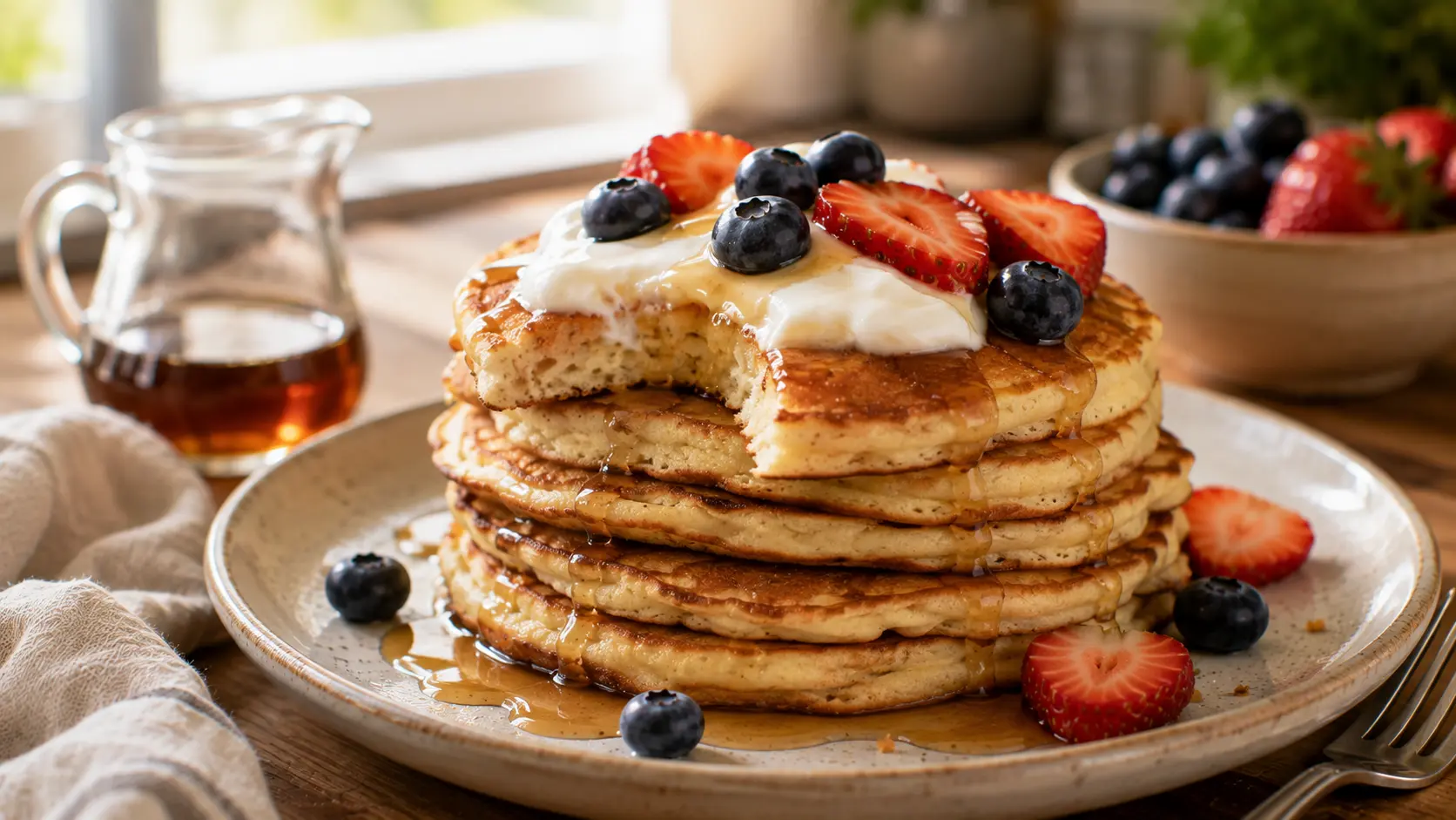 Fluffy cottage cheese pancakes topped with Greek yogurt, fresh berries and maple syrup.