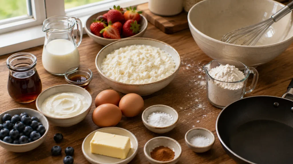 Ingredients for cottage cheese pancakes including cottage cheese, eggs, flour, milk and fresh berries.