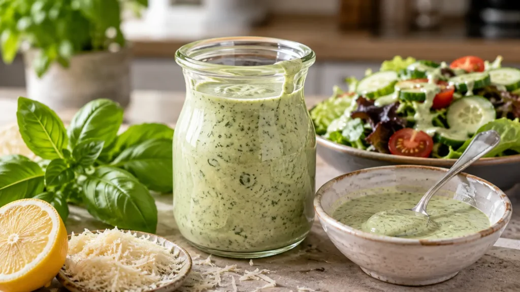 Creamy basil Parmesan dressing made with fresh basil, Greek yogurt, Parmesan, lemon, garlic, and olive oil.