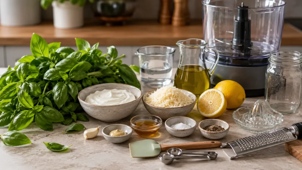 Fresh basil, Greek yogurt, Parmesan, lemon, olive oil, garlic, Dijon mustard, honey, and seasonings for creamy basil dressing