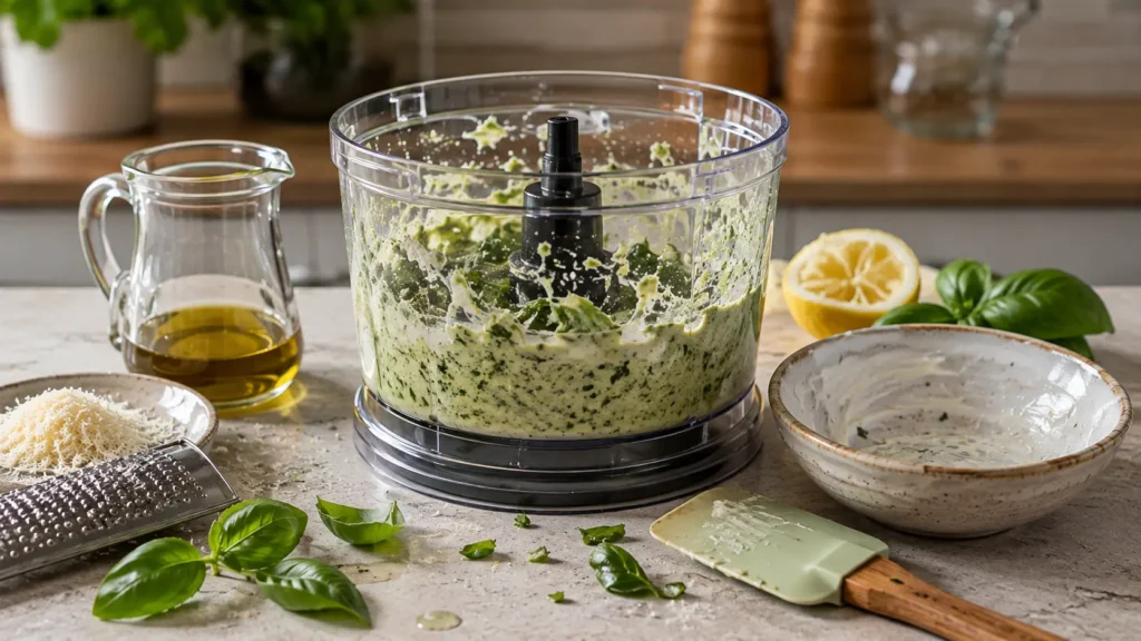 Fresh basil, Greek yogurt, Parmesan, lemon, and seasonings partially blended for creamy basil Parmesan dressing.