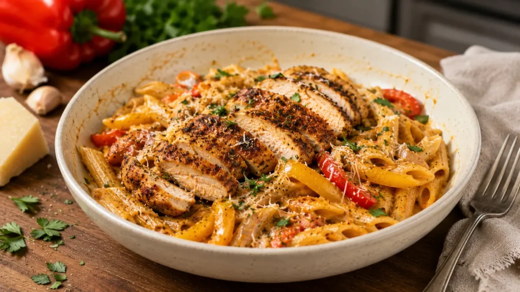 Creamy Cajun chicken pasta with penne, sliced chicken, bell peppers and Parmesan sauce.
