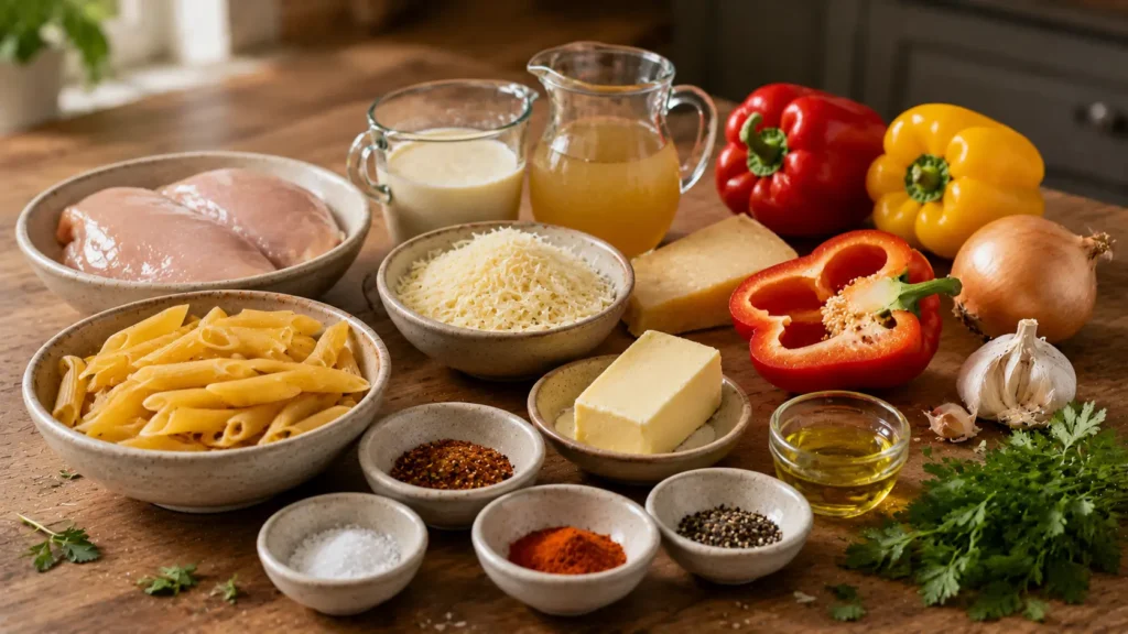 Ingredients for creamy Cajun chicken pasta including chicken, penne, peppers, cream and Parmesan.