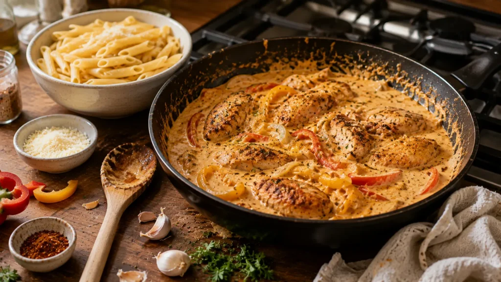 Cajun chicken and creamy pepper sauce cooking in a skillet with penne pasta nearby.