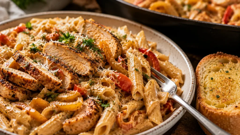 Creamy Cajun chicken pasta with golden chicken, peppers, Parmesan and fresh parsley.