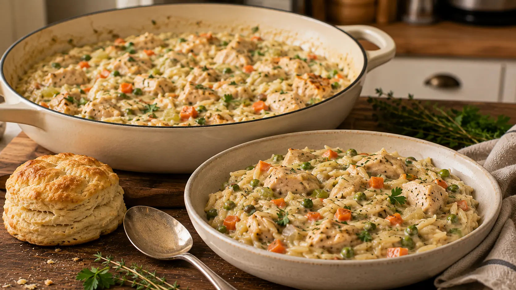 Creamy Chicken Pot Pie Orzo with tender chicken, carrots, celery, peas, herbs, and a flaky biscuit served beside the skillet.
