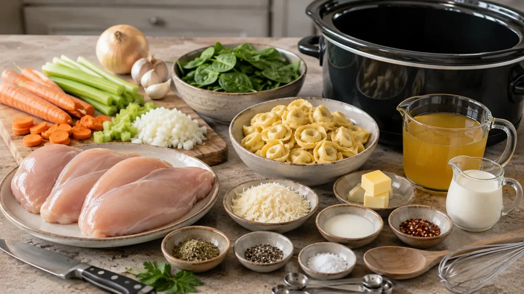 Chicken, cheese tortellini, spinach, carrots, celery, Parmesan, cream, and broth for Crock Pot chicken tortellini soup.