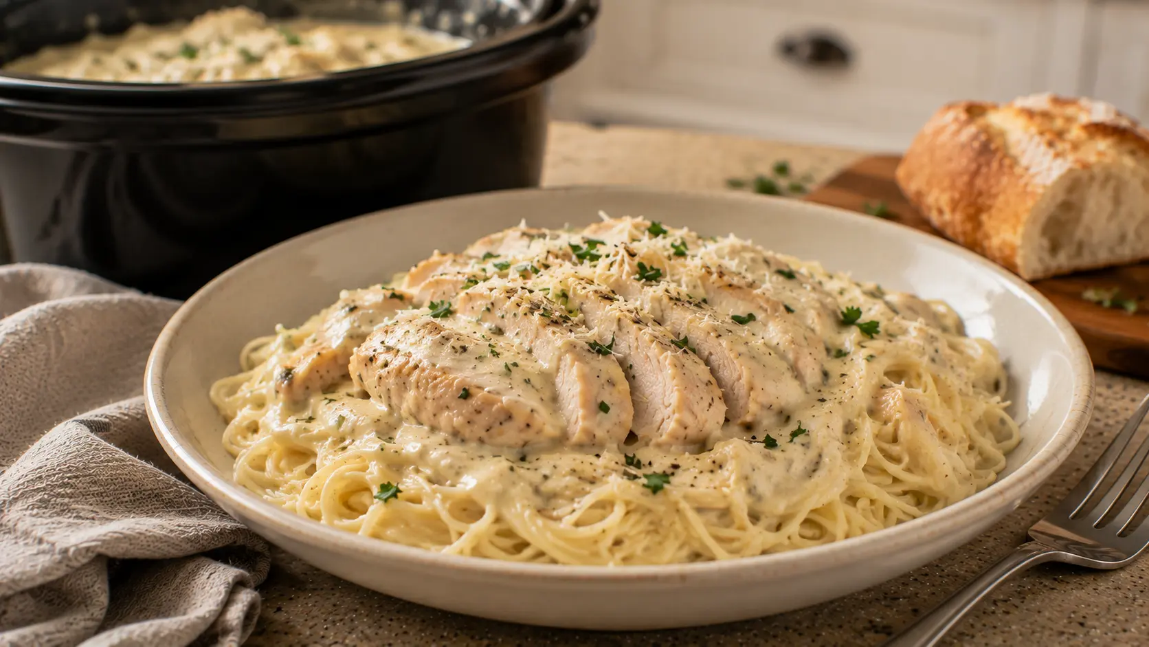 Creamy Crock Pot Angel Chicken served over angel hair pasta with garlic Parmesan sauce, parsley, and freshly grated Parmesan.