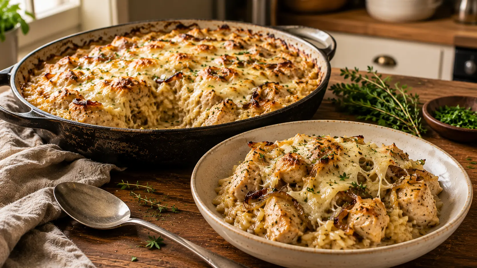 Creamy French Onion Chicken Orzo Bake with caramelized onions, tender chicken, Gruyère, mozzarella, thyme, and golden melted cheese.