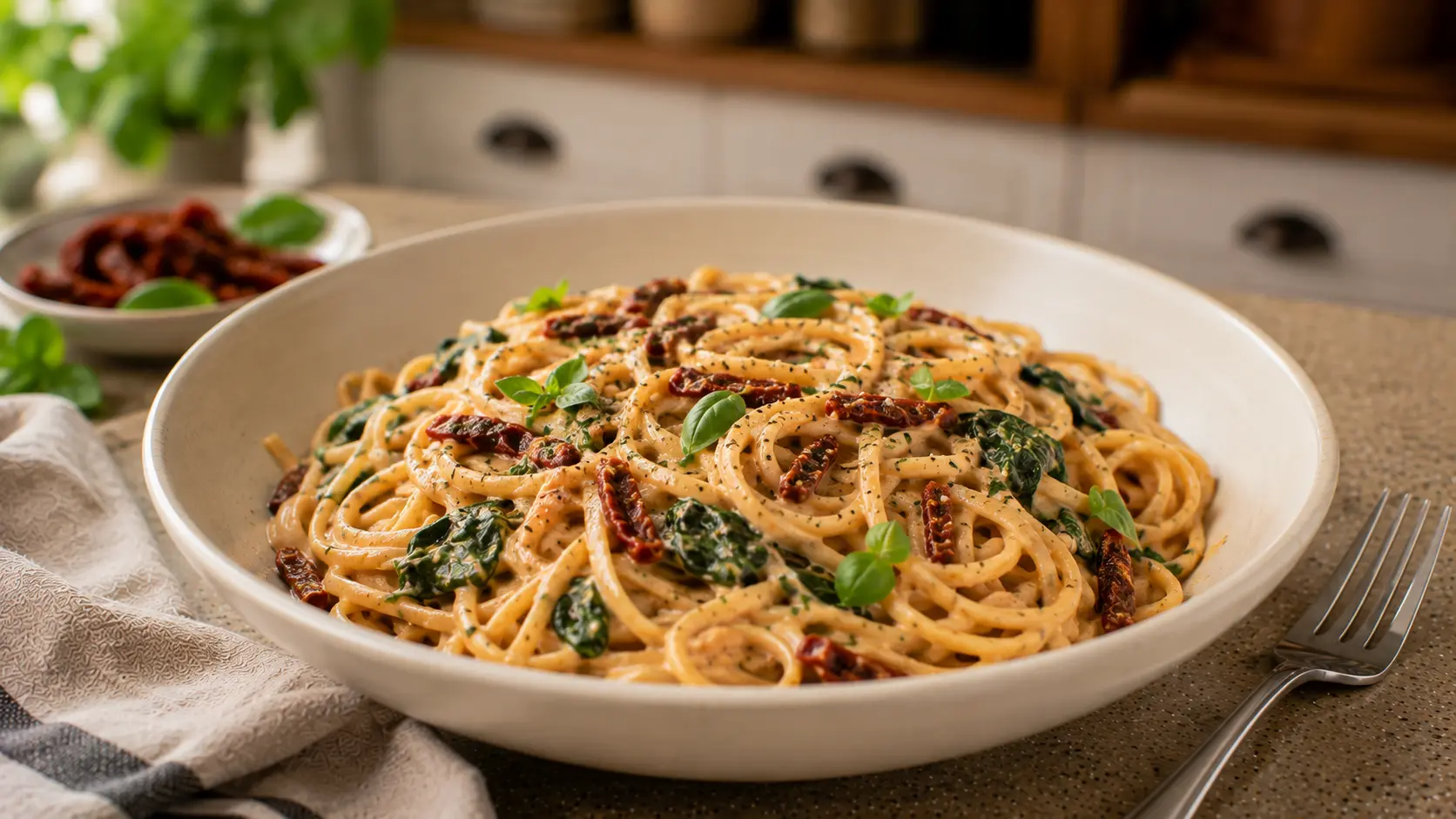 Creamy sun-dried tomato vegan pasta with linguine, spinach, garlic, fresh basil, and silky dairy-free cashew sauce.
