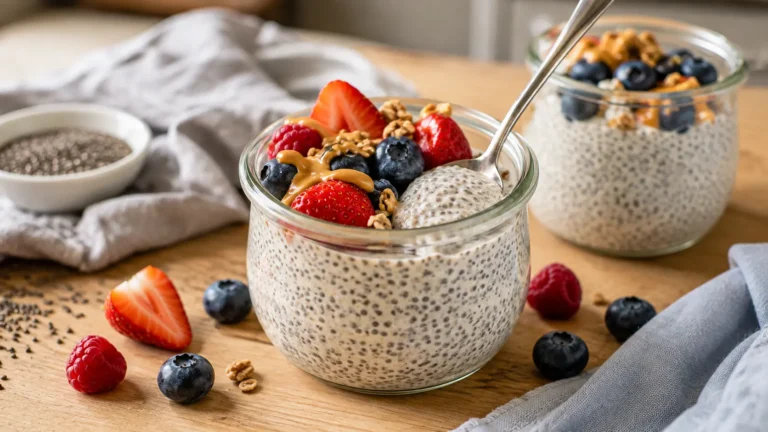 Creamy vanilla chia pudding topped with fresh berries and granola in glass jars.
