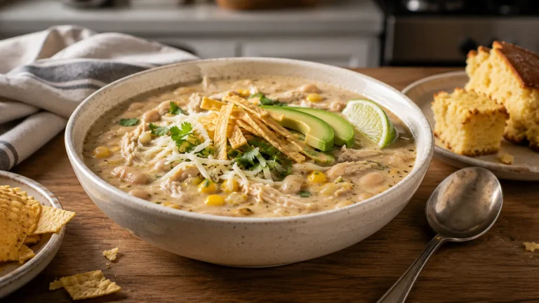Creamy white chicken chili with shredded chicken, white beans, corn, green chiles, avocado, cheese, and cilantro.