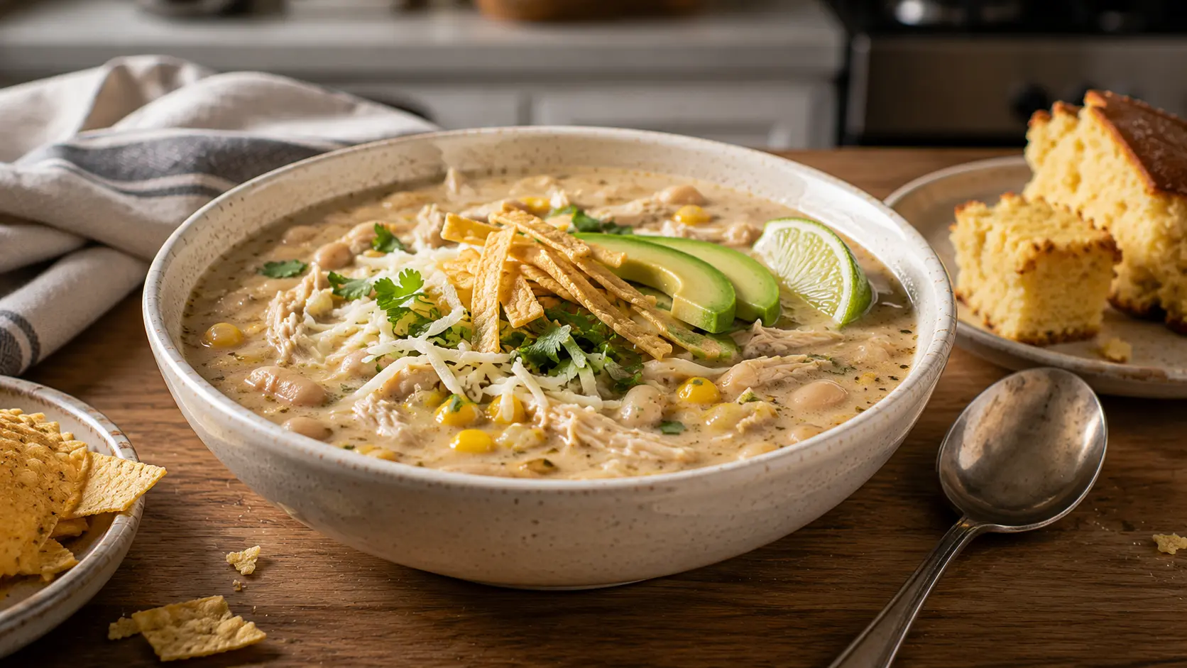 Creamy white chicken chili with shredded chicken, white beans, corn, green chiles, avocado, cheese, and cilantro.