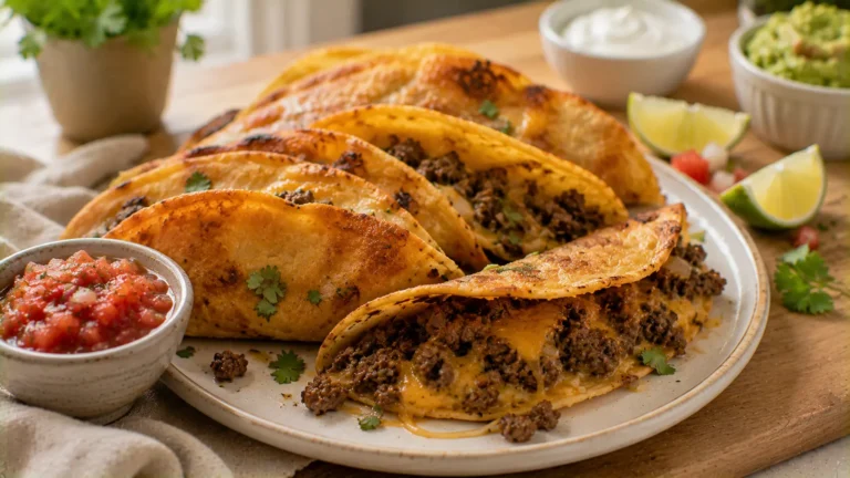 Crispy beef tacos filled with seasoned ground beef and melted cheese, served with salsa and lime.