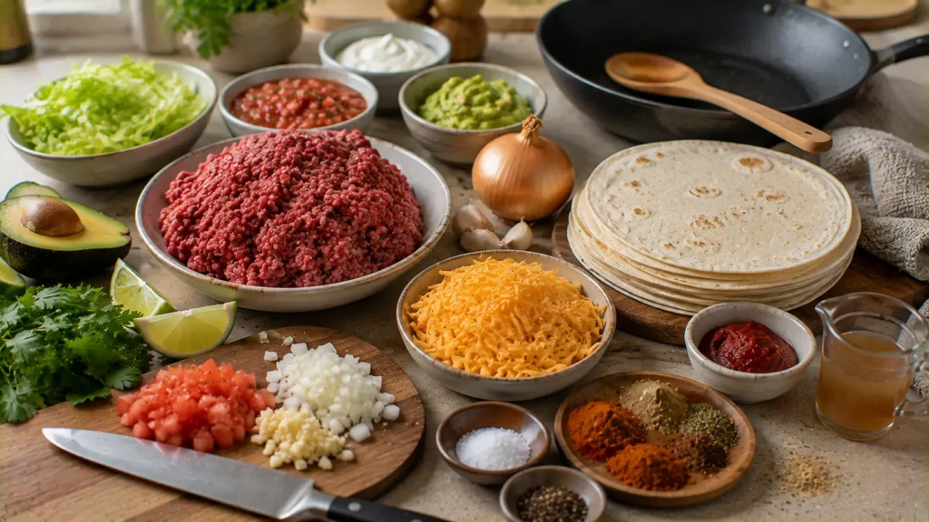 Ingredients for crispy beef tacos including ground beef, tortillas, cheese, onion, garlic and taco spices.