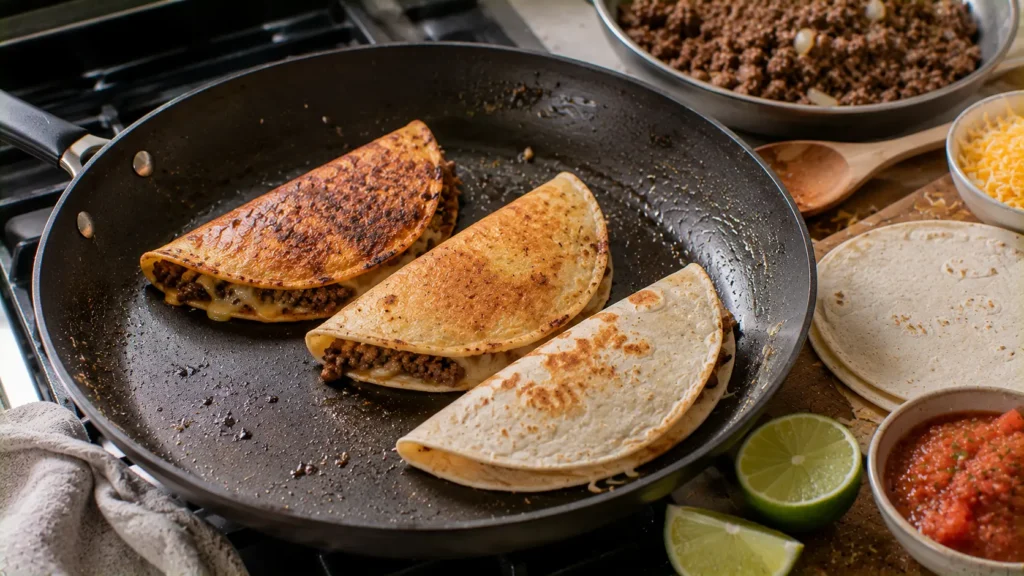 Beef tacos crisping in a skillet until golden with melted cheese and seasoned ground beef inside.