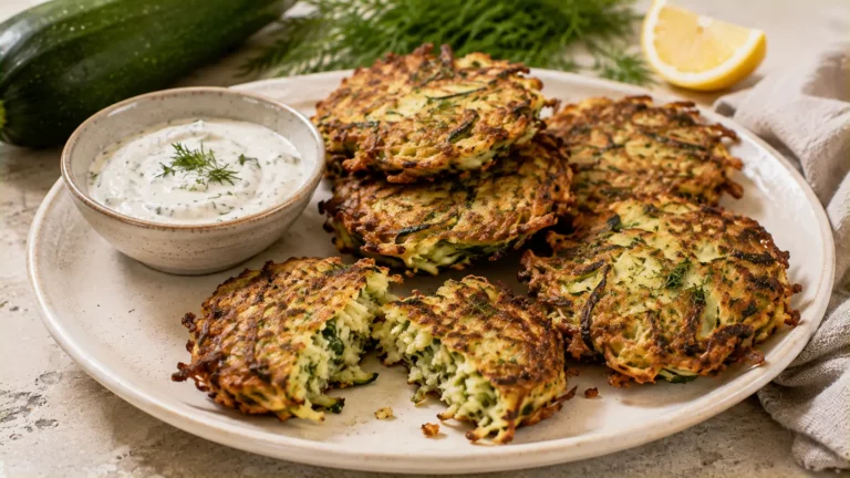 Crispy zucchini fritters with golden edges served with creamy garlic yogurt and fresh dill.