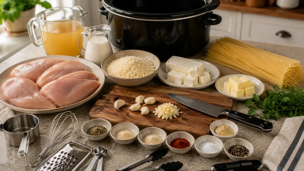 Chicken breasts, angel hair pasta, cream cheese, Parmesan, chicken broth, cream, garlic, butter, herbs, and seasonings for Crock Pot Angel Chicken.