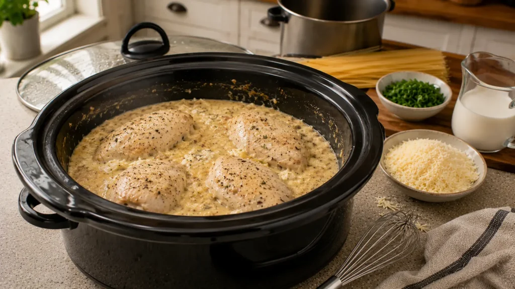 Slow-cooked chicken breasts in creamy Italian-style sauce inside a Crock Pot before adding heavy cream, Parmesan, and angel hair pasta.
