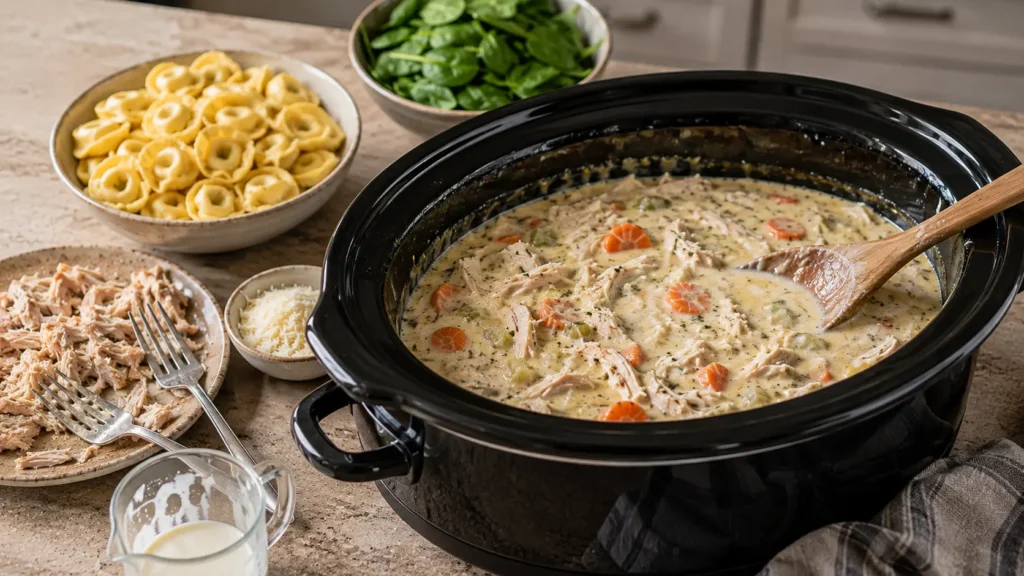 Creamy shredded chicken and vegetable soup in a Crock Pot before adding cheese tortellini and fresh spinach.